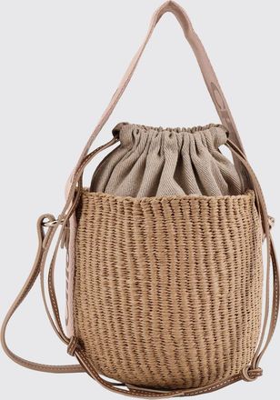 Chlo&eacute; Mini borsa a secchiello Woody in rafia con logo jacquard