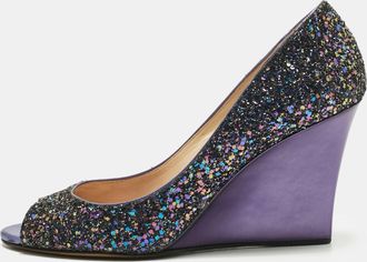 Jimmy Choo London Purple Glitter Baxen Peep Toe Wedge Pumps