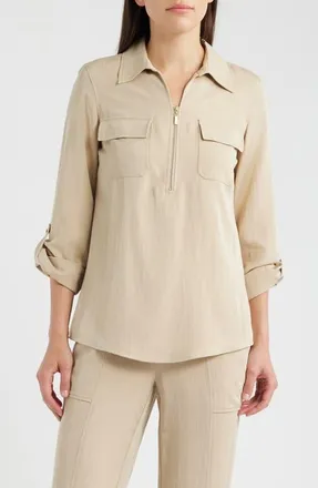 Anne Klein Long Sleeve Half Zip Pullover in Safari at Nordstrom, Size X-Large