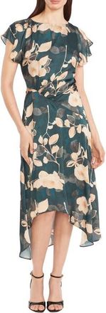 Maggy London Floral Cap Sleeve Asymmetric Midi Dress in Teal/Gold at Nordstrom, Size 12