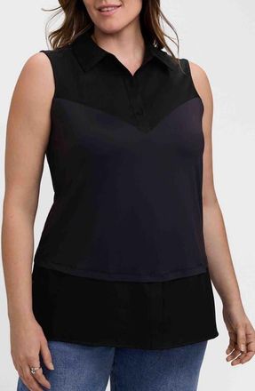 Foxcroft Sasha Mixed Media Sleeveless Button-Up Shirt in Black at Nordstrom, Size 2X