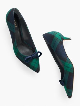 Talbots Sylvie Bow Kitten Heel Pumps - Dashing Tartan - Green/Black - 7 1/2 M - 100% Cotton Talbots