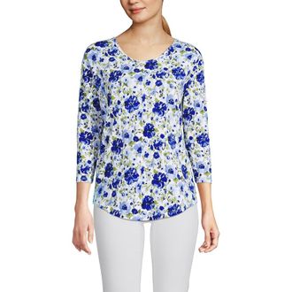 Lands End 3/4 Sleeve Lightweight Jersey U-Neck Tunic in Clear Blue Painted Blooms at Nordstrom, Size X-Small P