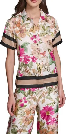 Karl Lagerfeld Floral Short Sleeve Button-Up Shirt in Bisque/light Blush Combo at Nordstrom, Size X-Large