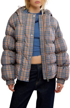 Free People Party of One Plaid Water Resistant Hooded Puffer Jacket in Tan Combo at Nordstrom, Size X-Large