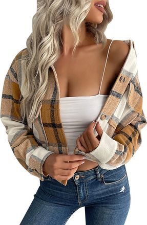 Generic Female down Jacket Womens Long Sleeve Plaid Shirt Outerwear Turndown Collar Tops Buttons Casual Blouses Heavy Jackets for Women (Khaki, M)