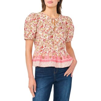 CeCe by Cynthia Steffe Floral Puff Sleeve Cotton Peplum Top in Plumeria at Nordstrom Rack, Size X-Small
