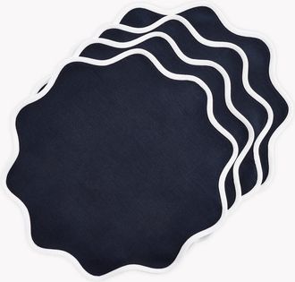 Solino Home Linen Placemats Set of 4, 16 Inch Round for Dining Table, Holiday and Everyday Table Decor - Giselle Scallop Edge in White And Navy at