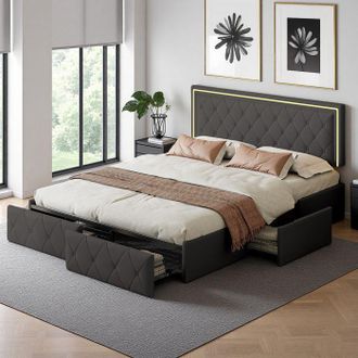 OEM Cama 140x200 Cm - Tt04 - Led Regulable - 4 Cajones De Almacenamiento - Tela Pu Gris