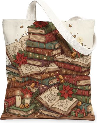 Generic Christmas Vintage Books Canvas Tote Bags, Holiday Floral Design Reusable Grocery Bags, Lightweight Washable Shoulder Strap, White, 13x15 Inch