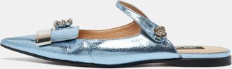 Sergio Rossi Metallic Blue Textured Leather Flower Detail Flat Mules