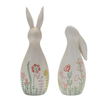 Melrose International Modern Bunny Rabbit Figurine with Etched Floral Design (Set of 2) - White, Red