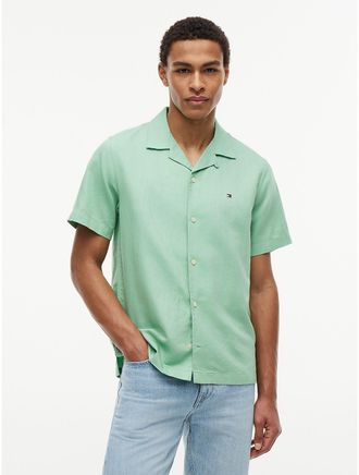 Tommy Hilfiger Mens Regular Fit Cotton-Linen Camp Shirt - Green - XXL