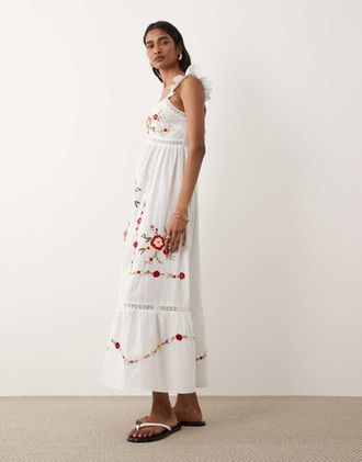 Miss Selfridge Vestito lungo bianco ricamato con inserti in pizzo