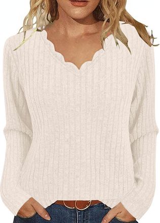 Generic Womens Jumpers Long Sleeve V Neck Sweatshirts Knit Jumper Fall Oversized Loose Fit Pullover Tops Lightweight Soft Casual Sweater Fleece Winter Warm Bl