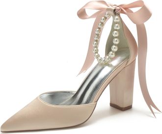 Generic Wedding Bridal Shoes Womens Satin Pointed Toe Heel 9Cm Block Heel Bridal Party Wedding Evening Pumps,Champagne,10 UK