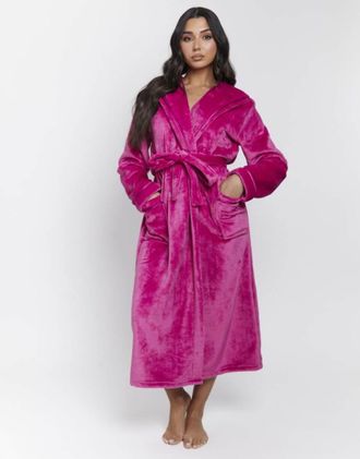 Loungeable Luxury - Vestaglia lunga rosa in pile con finiture con nastro e cappuccio