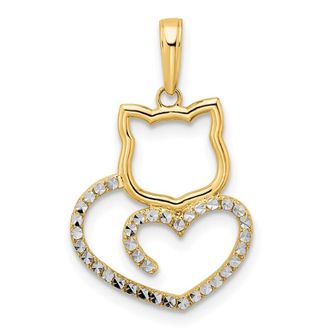 Diamond2Deal 14k Yellow Gold White Rhodium Diamond-cut Cat Heart Pendant