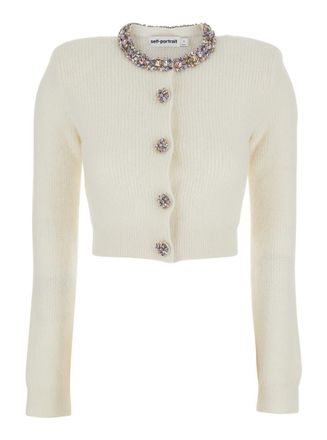 Self Portrait Whirw Cropped Crewneck Cardigan With Crystal Embellishments On Collar And Buttons In Wool Blend Woman