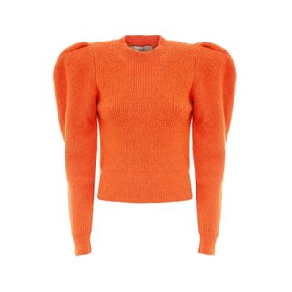 Akep Oranje Geribbelde Trui met Ballonmouwen - Dames - Ronde hals truien - Oranje - L - Wol - Truien & Vesten