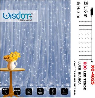 Trade Shop Trade Shop - Tenda Luminosa Natalizia 600led Luce Bianca Cavo Trasparente 8giochi Luce Xc4825