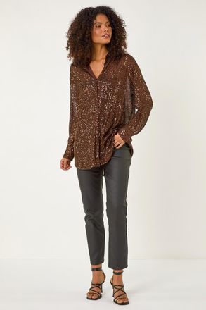 DUSK Sequin Button Through Stretch Blouse