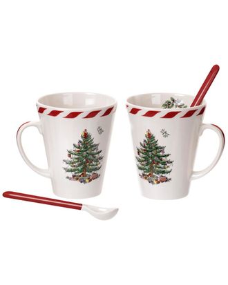 Spode Christmas Tree Set Of 2 Mugs With Spoons