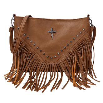 Generic Women PU Studded Tassel Shoulder Bag Large Capacity Fashionable Crossbody Bag Adjustable Strap Vintage Small Handbag for Outdoor Travel (Brown)