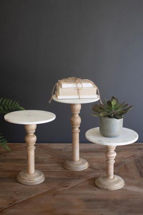 Kalalou Set Of Three Wooden Display Stands With White Marble Tops