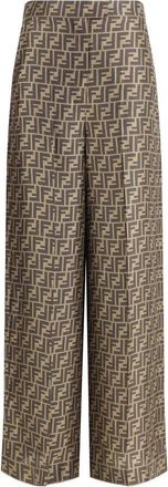 Fendi Monogram Patroon Zijden Palazzo Broek - Dames - Wijde Broeken - Bruin - 3XS - Broeken