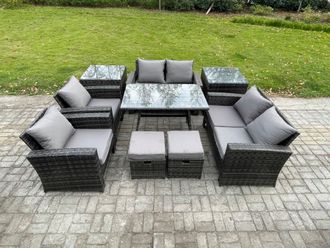 Fimous Garden Furniture Sets 9 Pieces Wicker Rattan Furniture Manual Wicker Patio Sofa Patio Conversation Set in Dark Grey