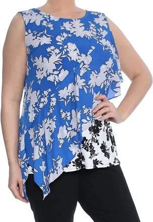 Alfani Asymmetrical Mixed Print Sleeveless Jewel Neck Top In Blue Floral