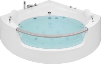 Beliani Ba&ntilde;era De Hidromasaje Esquinera De Acr&iacute;lico Sanitario Blanco Con Led 150 Cm Estilo Moderno Mangle