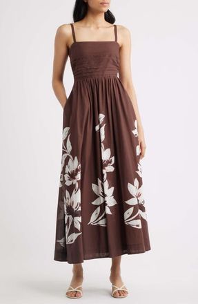 Tahari by ASL Pleated Bodice Floral Print Maxi Dress in Espresso Ivory at Nordstrom, Size 16