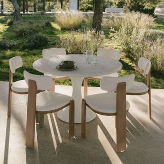 Sklum Set De Mesa Redonda &Oslash;120 Cm En Cemento Eloria Y 6 Sillas De Jard&iacute;n En Madera De Acacia Y Tela Boucl&eacute; Malta Sklum