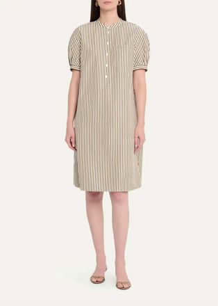 Lafayette 148 New York Stripped Puff Sleeve Shift Dress In Khaki Green