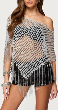 Edikted Evette Fringe Metallic Poncho in Silver at Nordstrom, Size X-Large