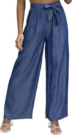Generic Womens Wide Leg Blue Belted Denim Look Relaxed Fit Casual Trouser Pants (as8, Alpha, l, x_l, Regular, Regular, Dark Blue)