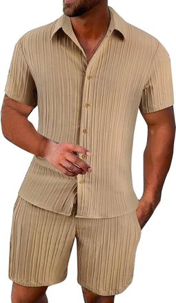 Generic 2-Piece Mens Baggy Summer Sports Suit Plain 2-Piece Short Sleeve Sports Set T-Shirt and Shorts Shirt Short Trousers Pockets Leisure Suit, khaki, XS