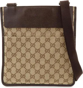 Gucci Vintage Flat Messenger Gg Canvas And Leather Beige Canvas Handbag (Pre-Owned)