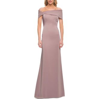 La Femme Simply Chic Off the Shoulder Jersey Gown in Mauve at Nordstrom, Size 16