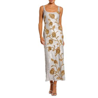 Mac Duggal Embellished Floral Sequin Mesh Midi Dress in Platinum Gold at Nordstrom, Size 12
