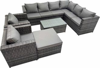 Fimous Fimous Patio Sofa Oblong Coffee Table Set Rattan Garden Furniture Set with 2 Chairs Big Stool Dark Grey Mixed