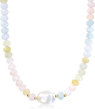 Ross-Simons Multicolored Beryl and 13-14mm Cultured Baroque Pearl Necklace With 18kt Gold Over Sterling