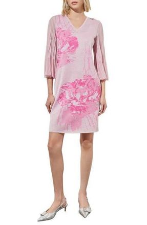 Ming Wang Floral Print Metallic Pleated Sleeve Shift Dress in Perfect Pink/carmine Rose at Nordstrom Rack, Size X-Small