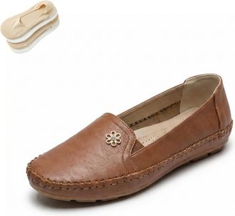 Generic Stylish Orthopedic Leather Shoes Womens Elegant Flats Soft Slip-On Walking Lightweight Casual Comfort Loafers for Daily Wear (Brown, Adult, Women, 6.5