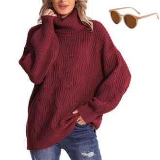 Generic Womens Oversized Cable Knit Turtleneck Sweater,Cozy Fall Winter Lantern Sleeve Pullover,Plus Size Loose Casual Sweater Burgundy
