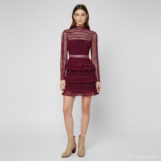 Self Portrait Burgundy Guipure Lace Sheer Ruffle Mini Dress