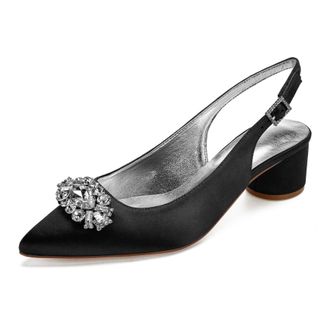 Generic Wedding Shoes Womens Low Heels Pointed Toe Bridal Heels Comfortable Satin Chunky Heels Prom Party Dress Shoes 4.5Cm,Black,5 UK
