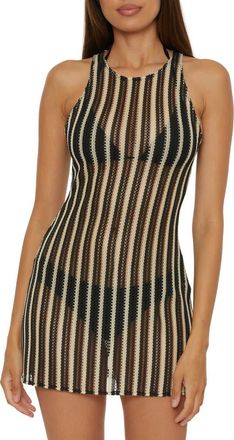 BECCA by Rebecca Virtue Cabo Stripe Sheer Cover-Up Minidress in Black/Natural at Nordstrom, Size Medium